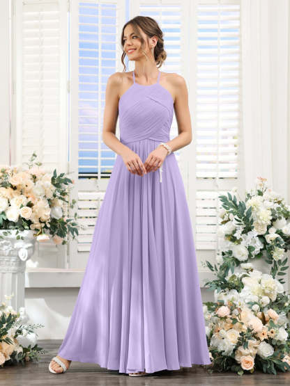 Princess A-Line Halter Floor-Length Chiffon Bridesmaid Dresses with Ruched Sleeveless Design