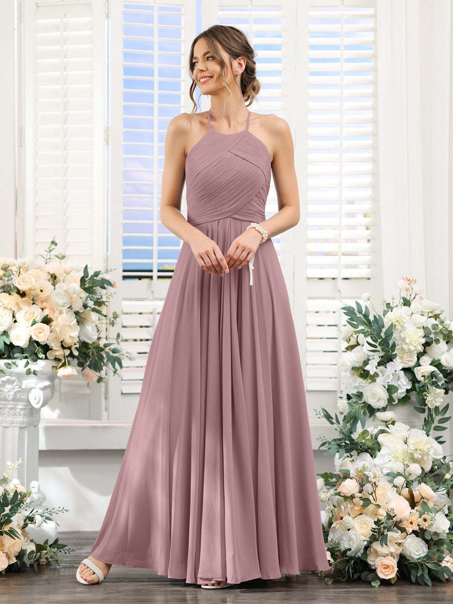Princess A-Line Halter Floor-Length Chiffon Bridesmaid Dresses with Ruched Sleeveless Design