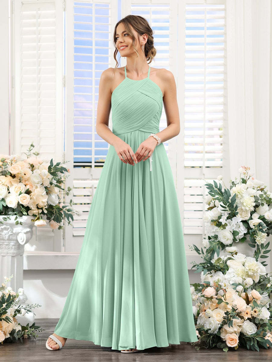 Princess A-Line Halter Floor-Length Chiffon Bridesmaid Dresses with Ruched Sleeveless Design