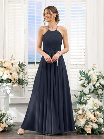 Princess A-Line Halter Floor-Length Chiffon Bridesmaid Dresses with Ruched Sleeveless Design