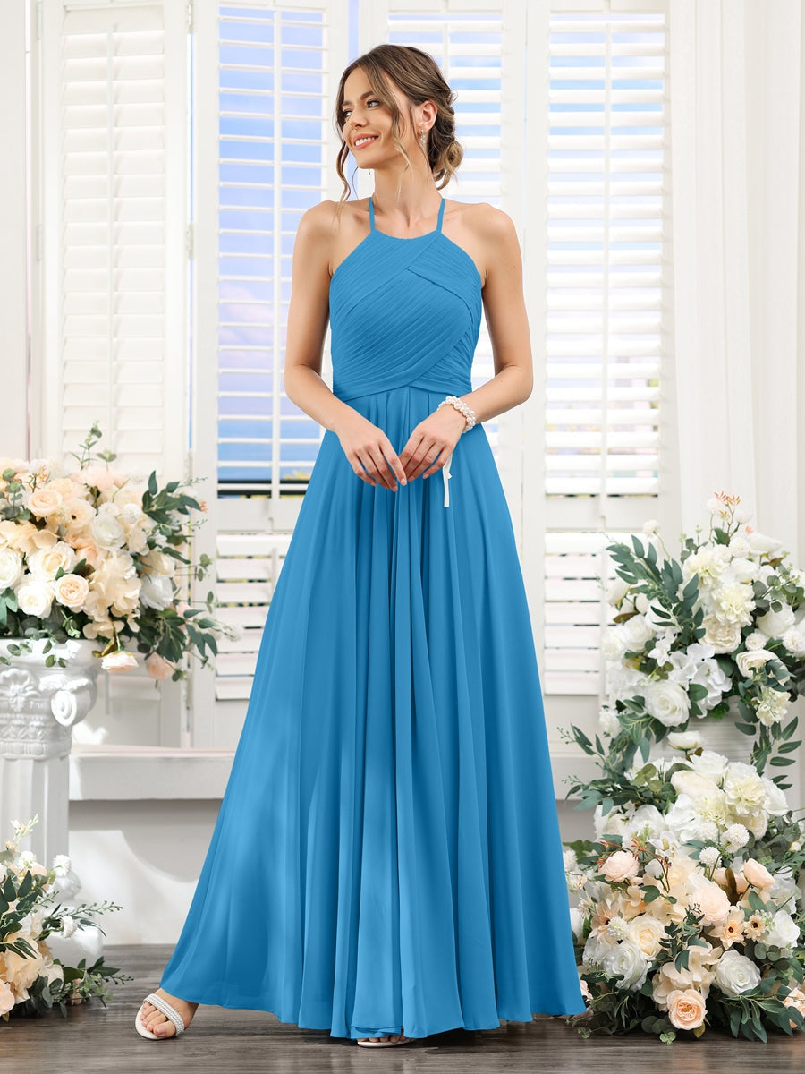 Princess A-Line Halter Floor-Length Chiffon Bridesmaid Dresses with Ruched Sleeveless Design
