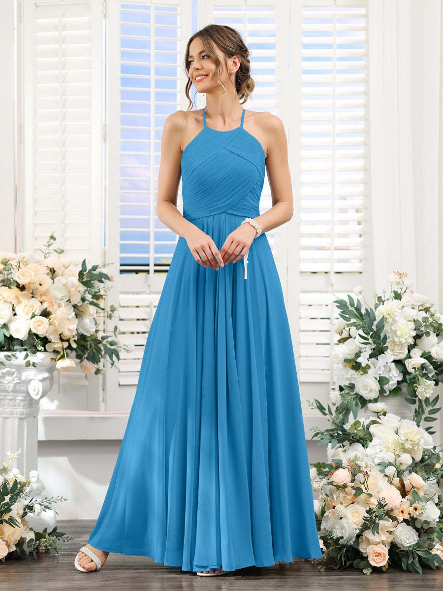 Princess A-Line Halter Floor-Length Chiffon Bridesmaid Dresses with Ruched Sleeveless Design