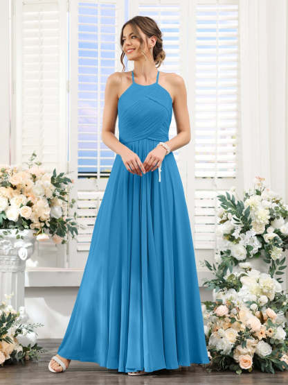 Princess A-Line Halter Floor-Length Chiffon Bridesmaid Dresses with Ruched Sleeveless Design