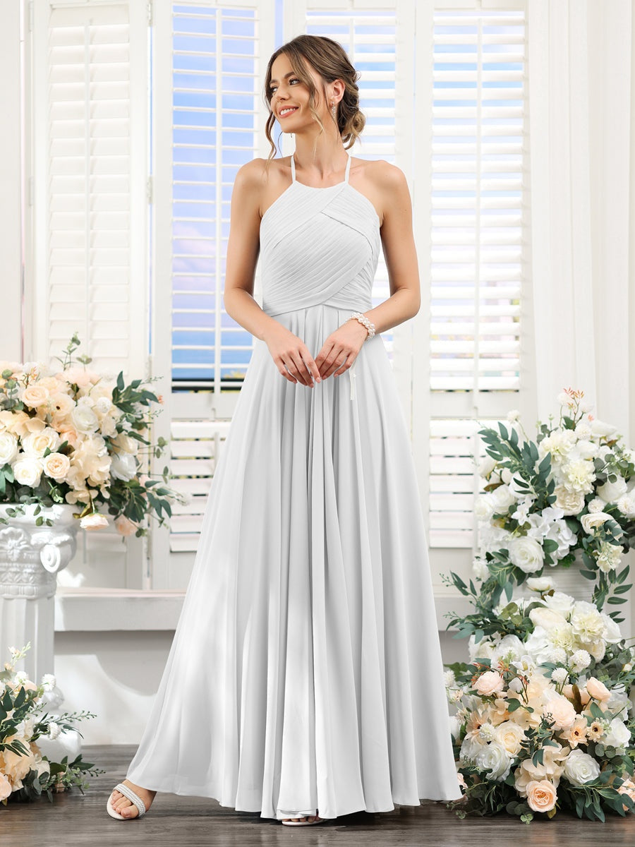 Princess A-Line Halter Floor-Length Chiffon Bridesmaid Dresses with Ruched Sleeveless Design