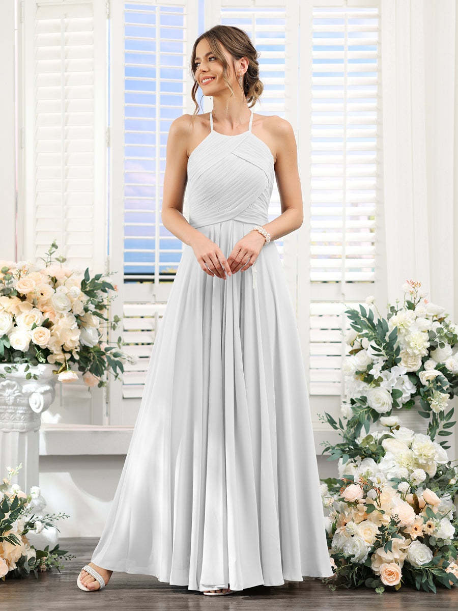 Princess A-Line Halter Floor-Length Chiffon Bridesmaid Dresses with Ruched Sleeveless Design
