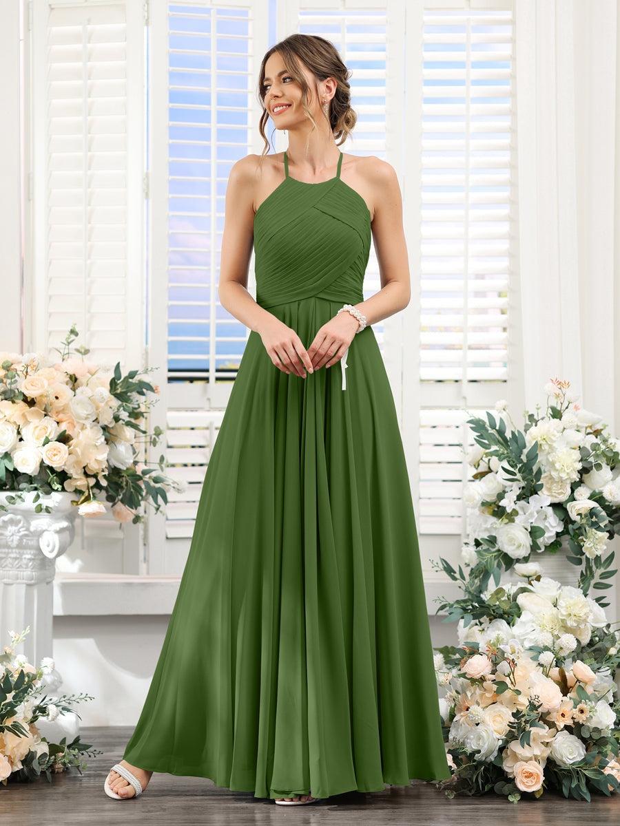 Princess A-Line Halter Floor-Length Chiffon Bridesmaid Dresses with Ruched Sleeveless Design