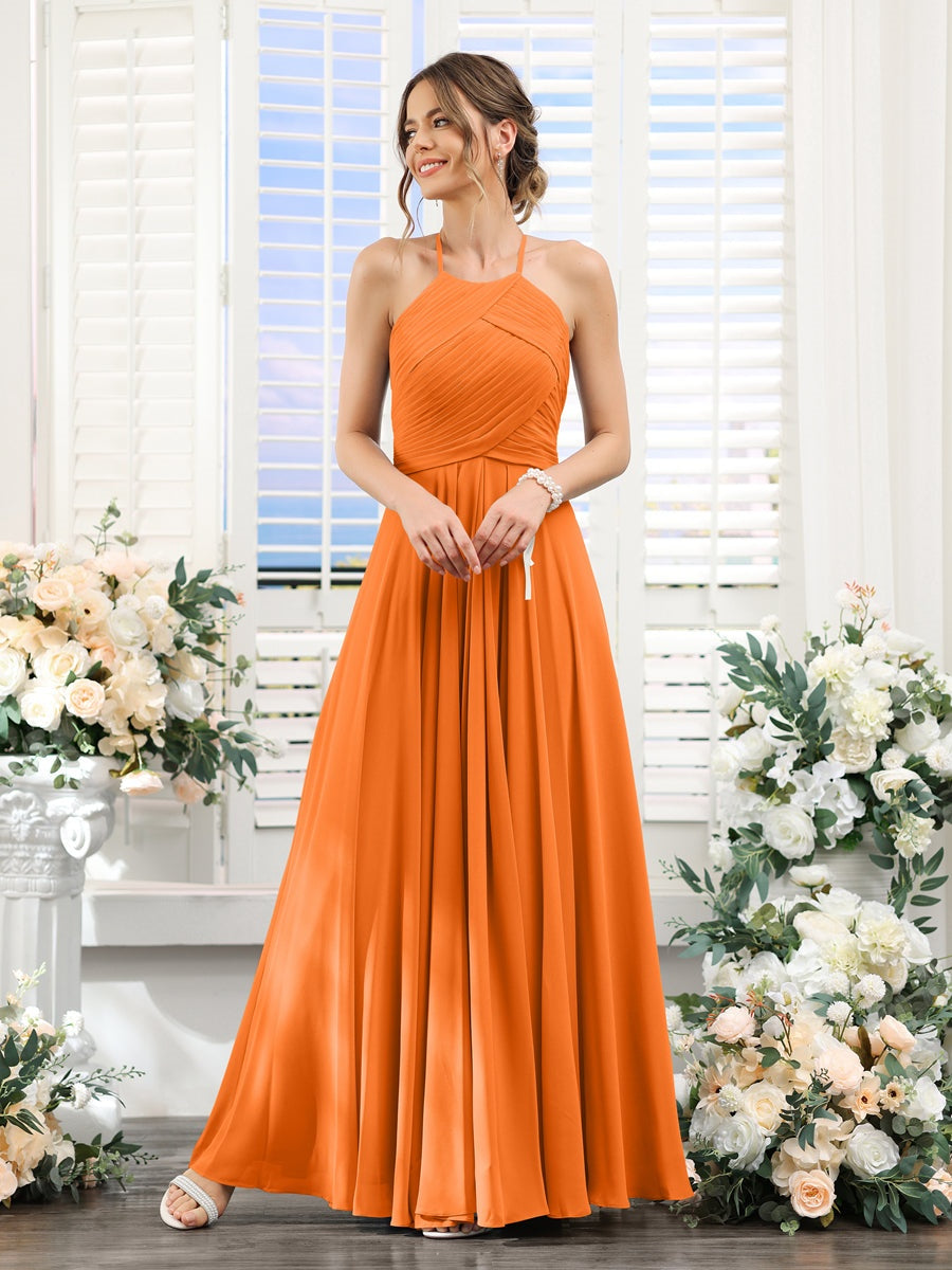 Princess A-Line Halter Floor-Length Chiffon Bridesmaid Dresses with Ruched Sleeveless Design