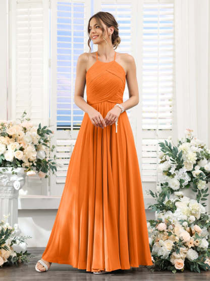Princess A-Line Halter Floor-Length Chiffon Bridesmaid Dresses with Ruched Sleeveless Design