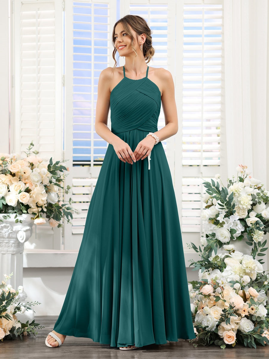 Princess A-Line Halter Floor-Length Chiffon Bridesmaid Dresses with Ruched Sleeveless Design