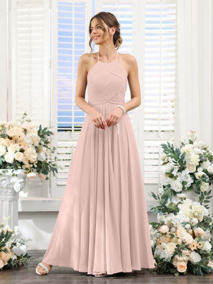 Princess A-Line Halter Floor-Length Chiffon Bridesmaid Dresses with Ruched Sleeveless Design