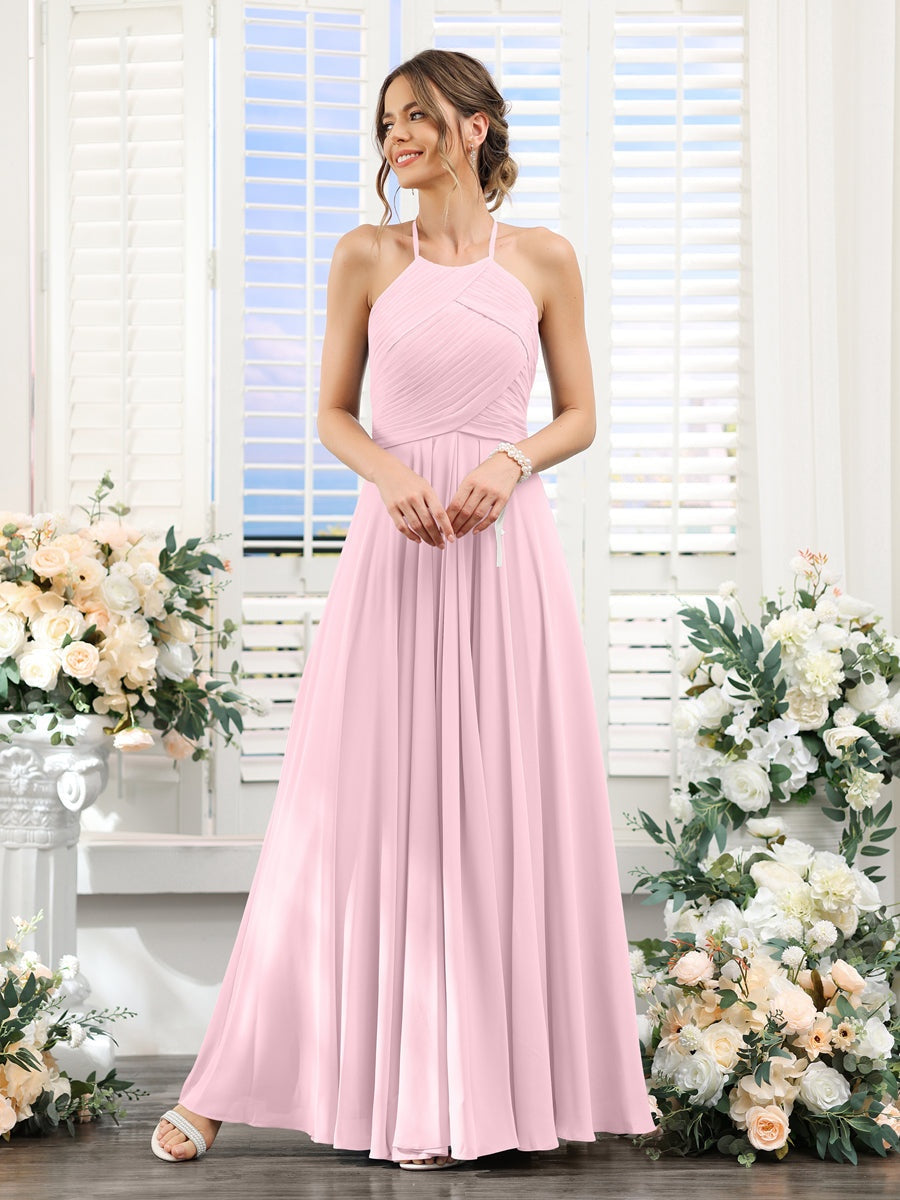 Princess A-Line Halter Floor-Length Chiffon Bridesmaid Dresses with Ruched Sleeveless Design