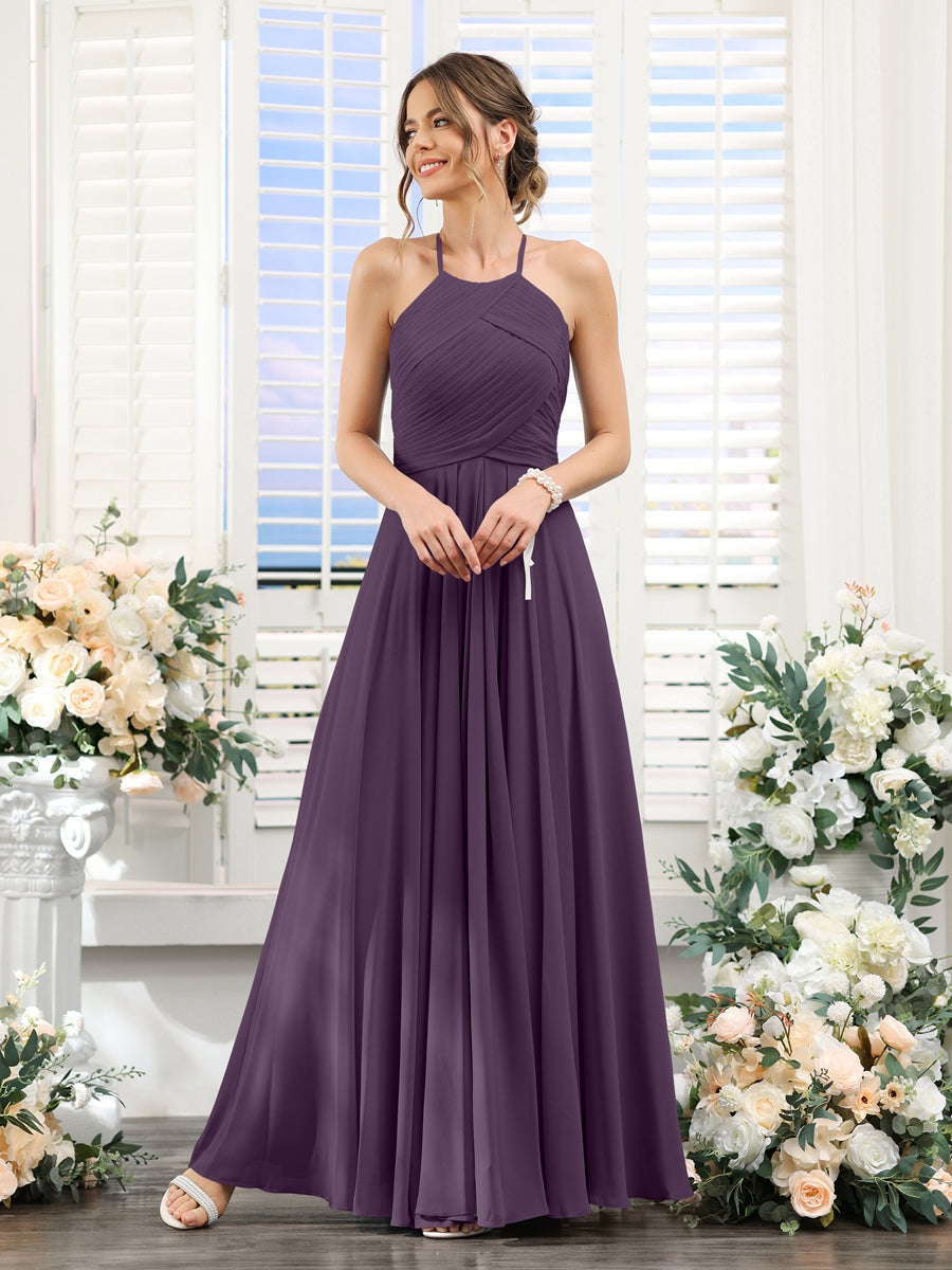 Princess A-Line Halter Floor-Length Chiffon Bridesmaid Dresses with Ruched Sleeveless Design