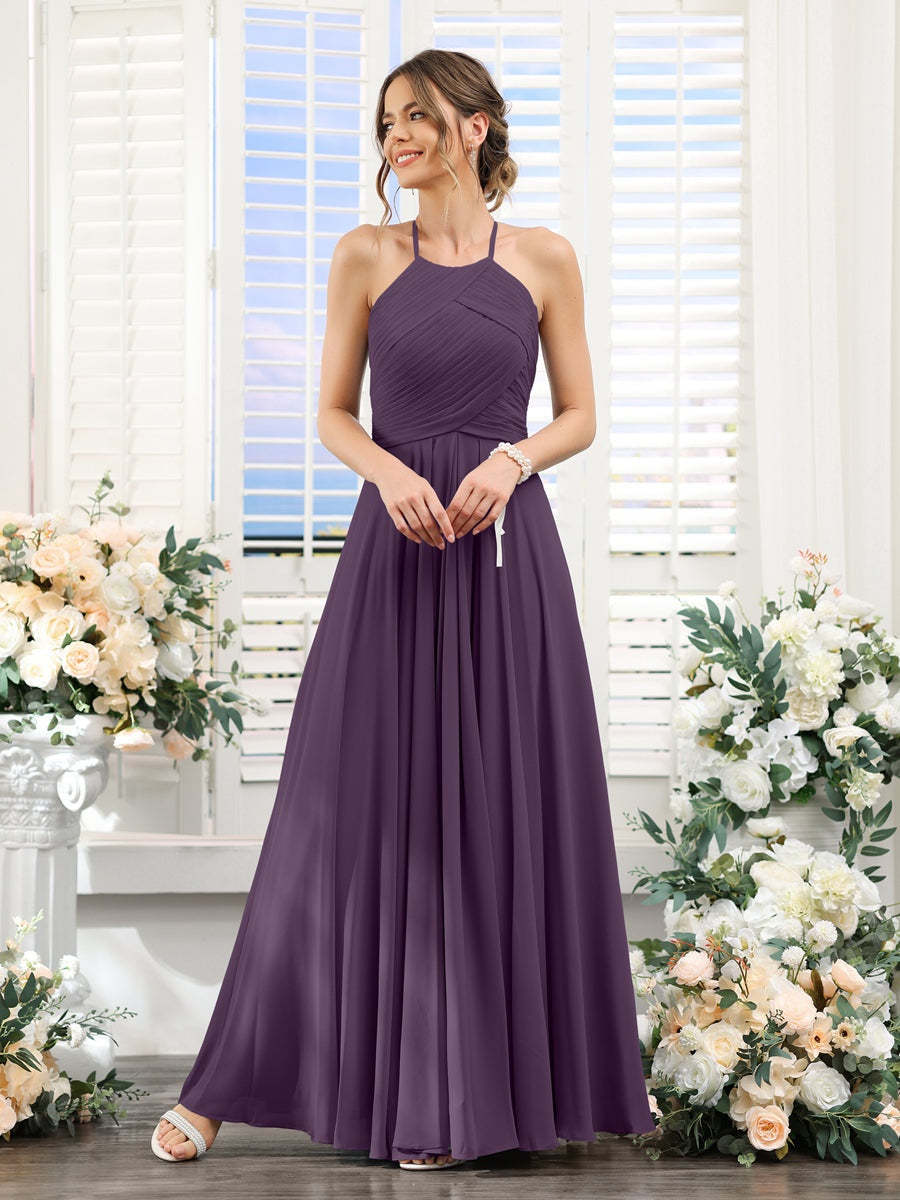 Princess A-Line Halter Floor-Length Chiffon Bridesmaid Dresses with Ruched Sleeveless Design