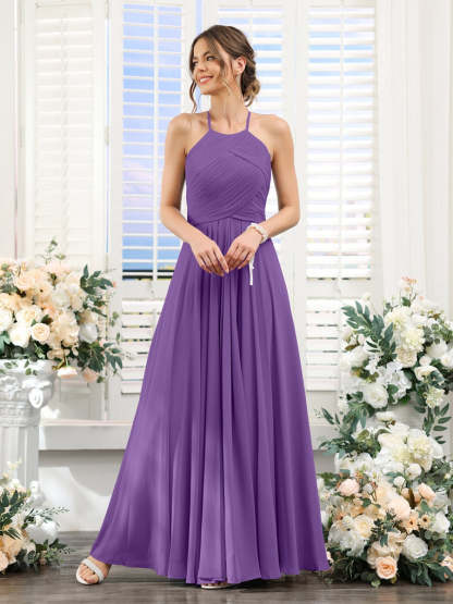 Princess A-Line Halter Floor-Length Chiffon Bridesmaid Dresses with Ruched Sleeveless Design