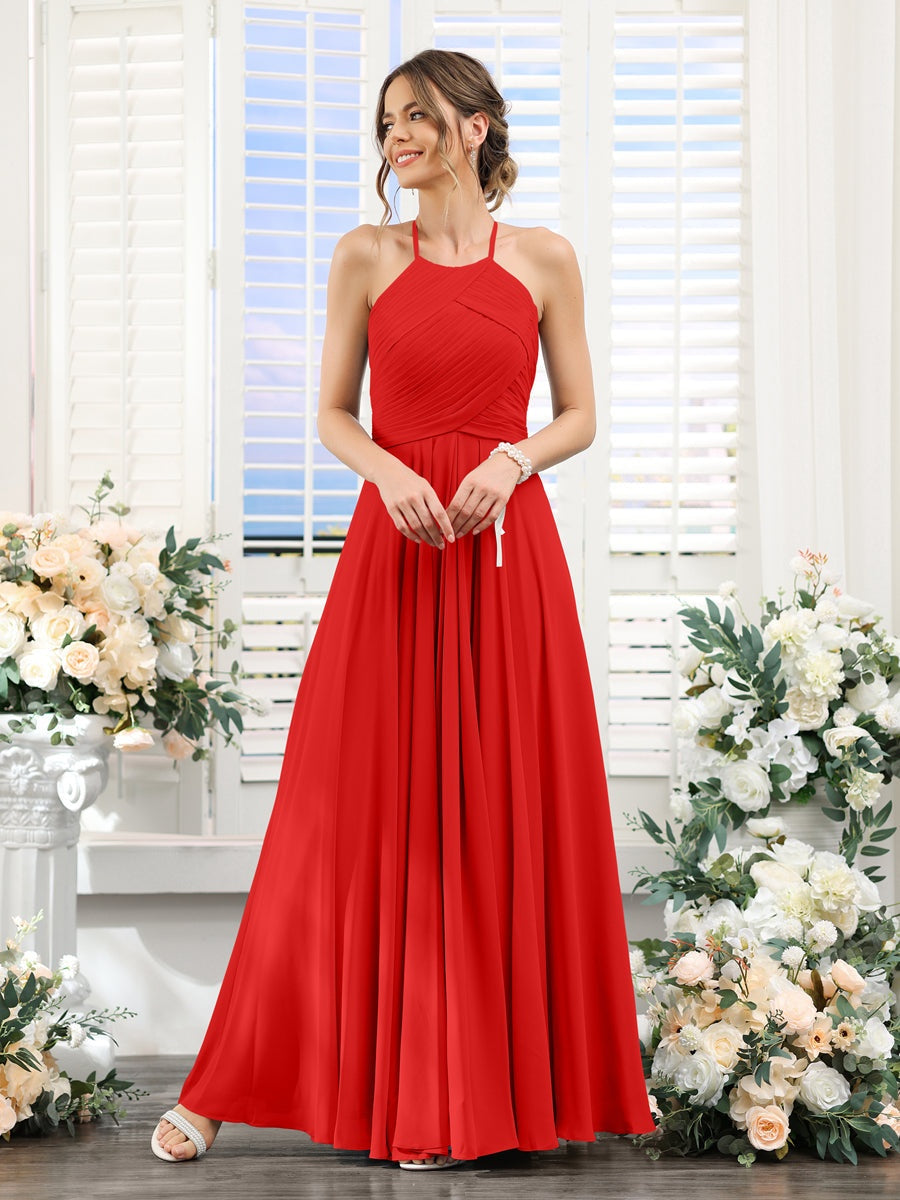 Princess A-Line Halter Floor-Length Chiffon Bridesmaid Dresses with Ruched Sleeveless Design