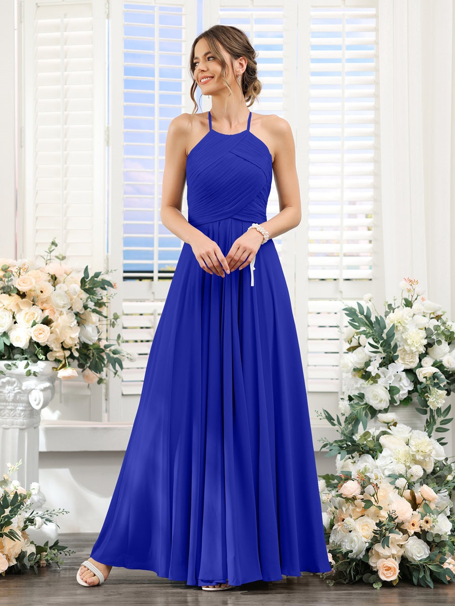 Princess A-Line Halter Floor-Length Chiffon Bridesmaid Dresses with Ruched Sleeveless Design
