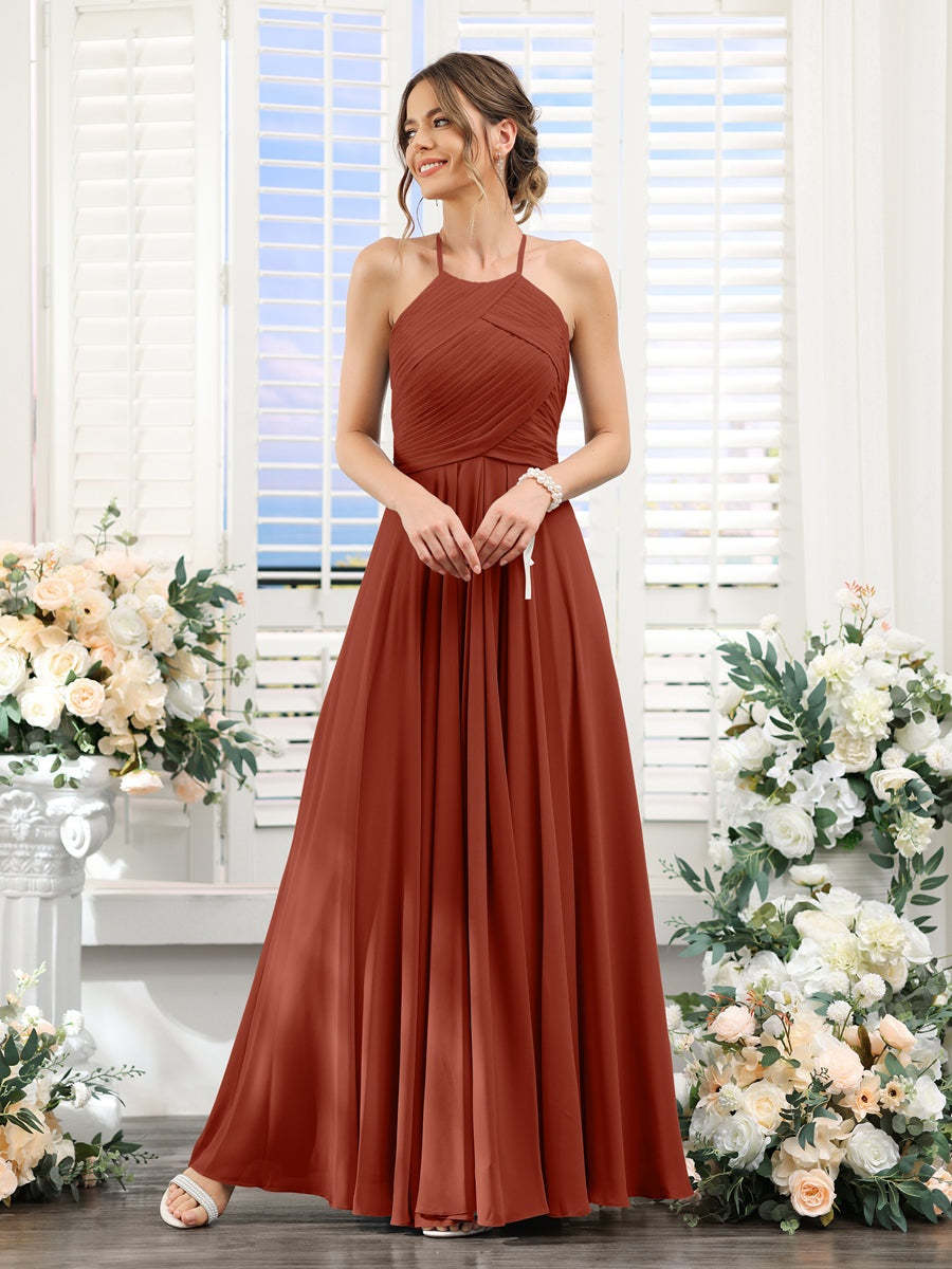 Princess A-Line Halter Floor-Length Chiffon Bridesmaid Dresses with Ruched Sleeveless Design