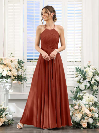 Princess A-Line Halter Floor-Length Chiffon Bridesmaid Dresses with Ruched Sleeveless Design