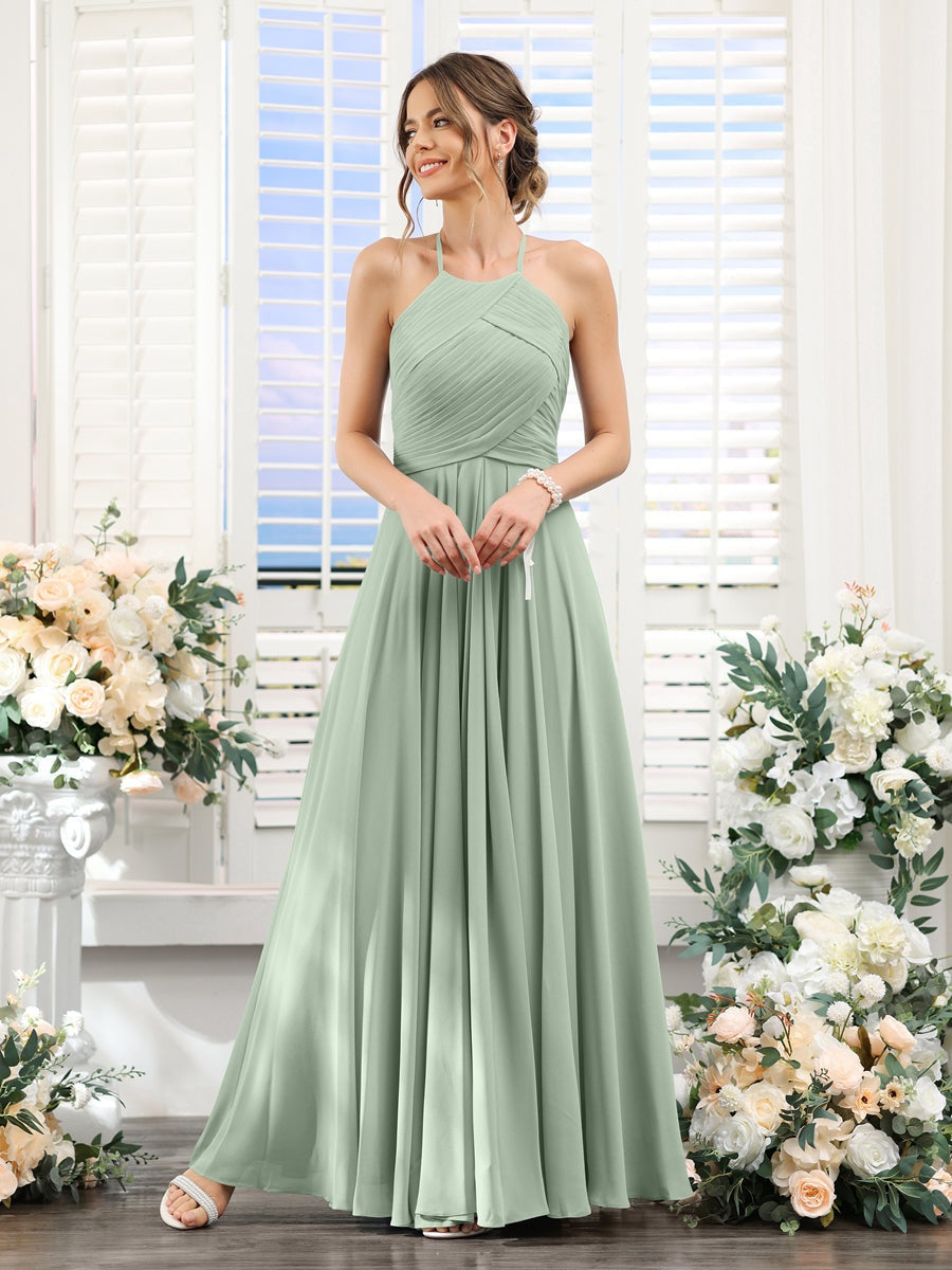 Princess A-Line Halter Floor-Length Chiffon Bridesmaid Dresses with Ruched Sleeveless Design