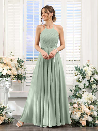Princess A-Line Halter Floor-Length Chiffon Bridesmaid Dresses with Ruched Sleeveless Design