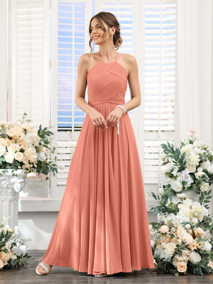 Princess A-Line Halter Floor-Length Chiffon Bridesmaid Dresses with Ruched Sleeveless Design