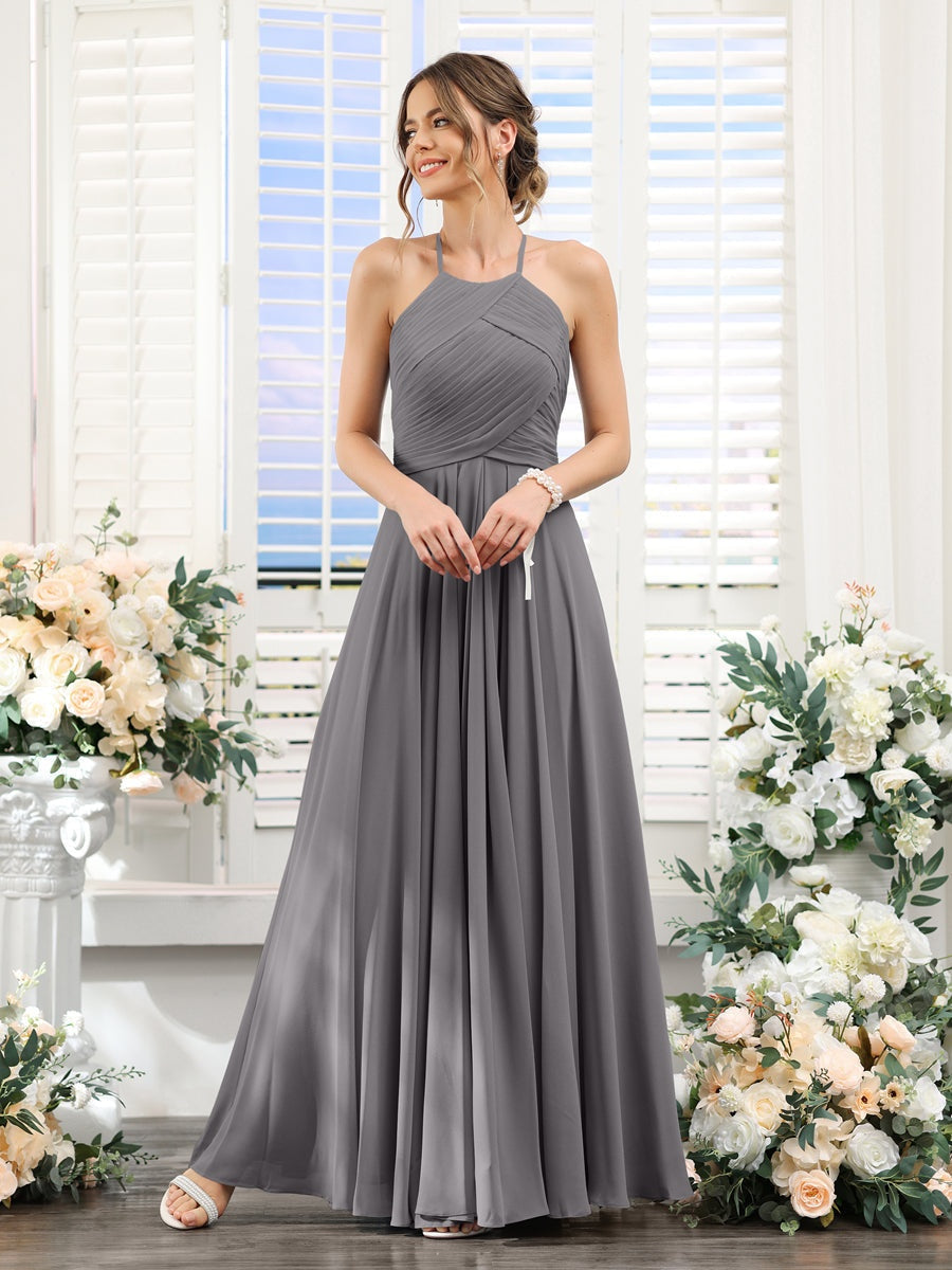 Princess A-Line Halter Floor-Length Chiffon Bridesmaid Dresses with Ruched Sleeveless Design