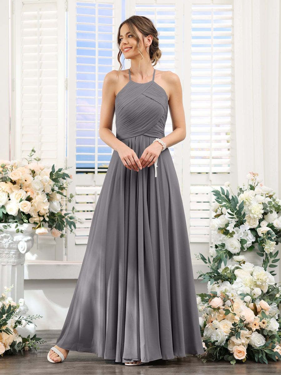 Princess A-Line Halter Floor-Length Chiffon Bridesmaid Dresses with Ruched Sleeveless Design