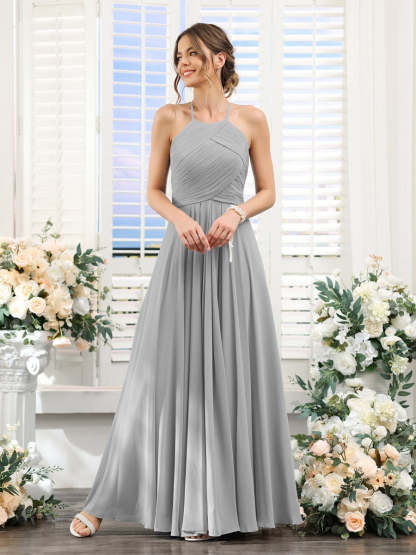 Princess A-Line Halter Floor-Length Chiffon Bridesmaid Dresses with Ruched Sleeveless Design