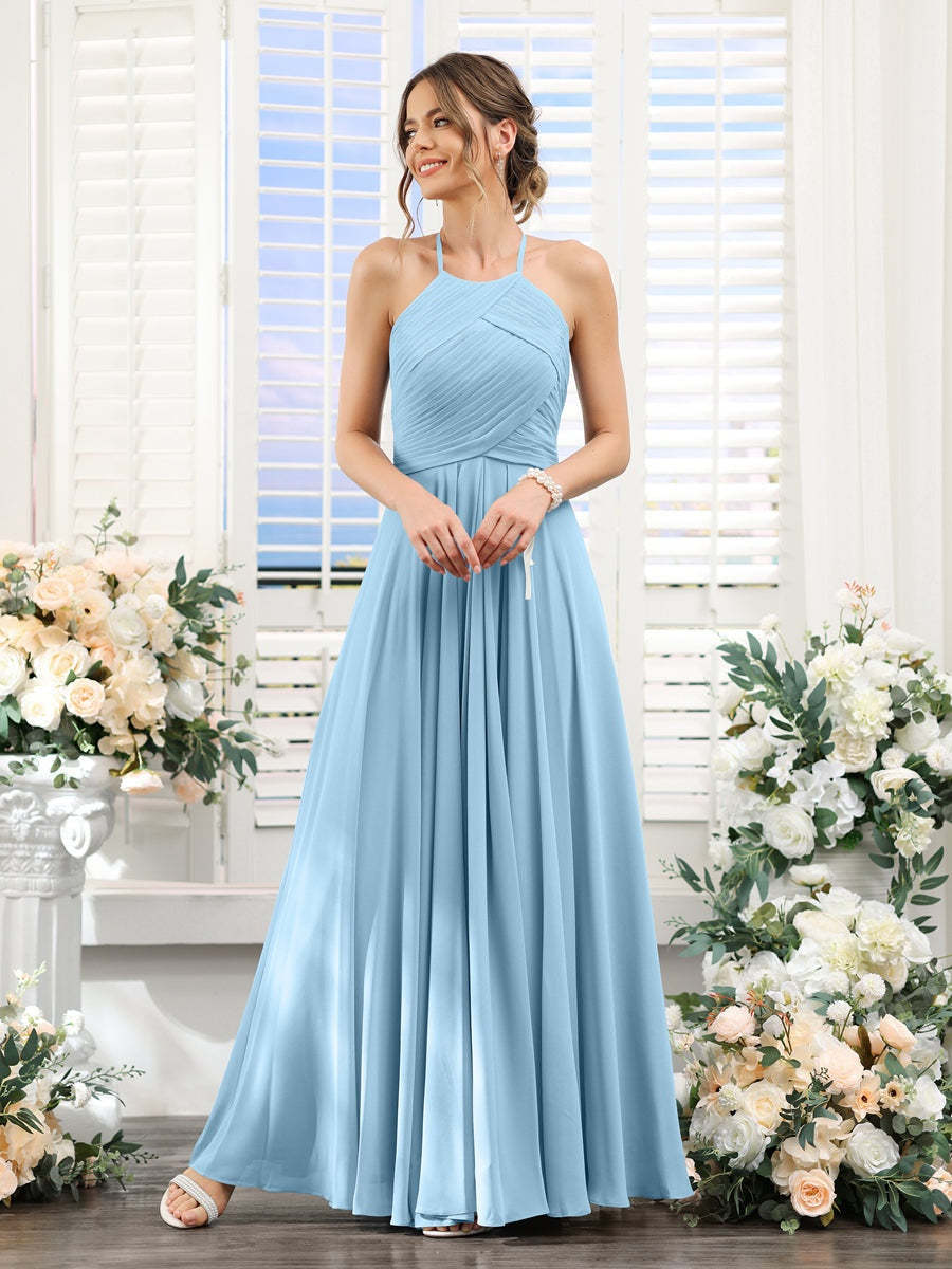 Princess A-Line Halter Floor-Length Chiffon Bridesmaid Dresses with Ruched Sleeveless Design