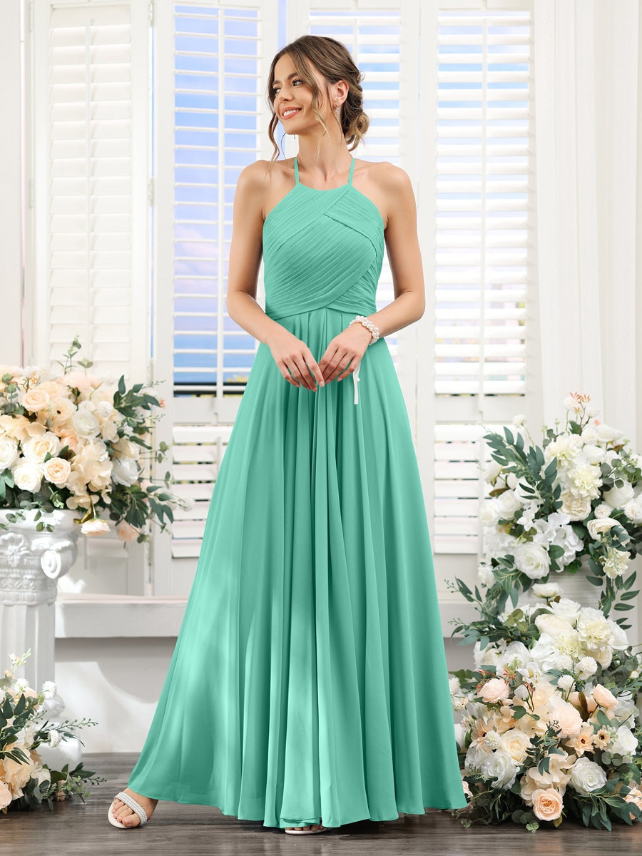 Princess A-Line Halter Floor-Length Chiffon Bridesmaid Dresses with Ruched Sleeveless Design