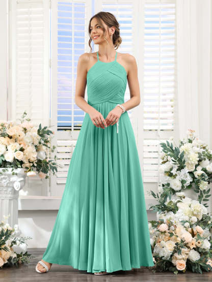 Princess A-Line Halter Floor-Length Chiffon Bridesmaid Dresses with Ruched Sleeveless Design