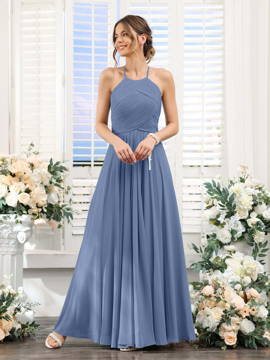 Princess A-Line Halter Floor-Length Chiffon Bridesmaid Dresses with Ruched Sleeveless Design
