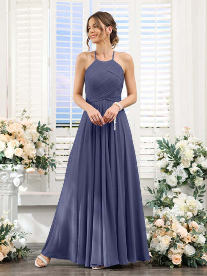 Princess A-Line Halter Floor-Length Chiffon Bridesmaid Dresses with Ruched Sleeveless Design