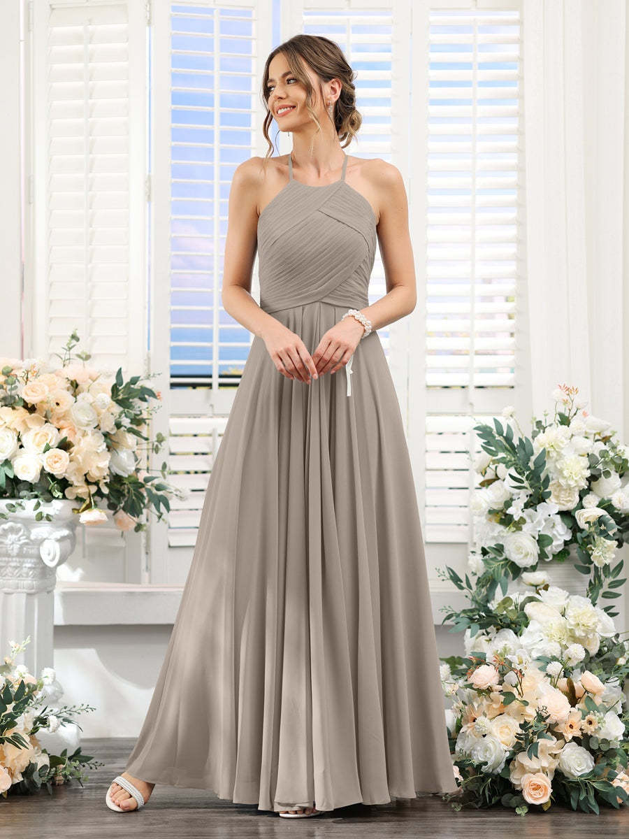 Princess A-Line Halter Floor-Length Chiffon Bridesmaid Dresses with Ruched Sleeveless Design