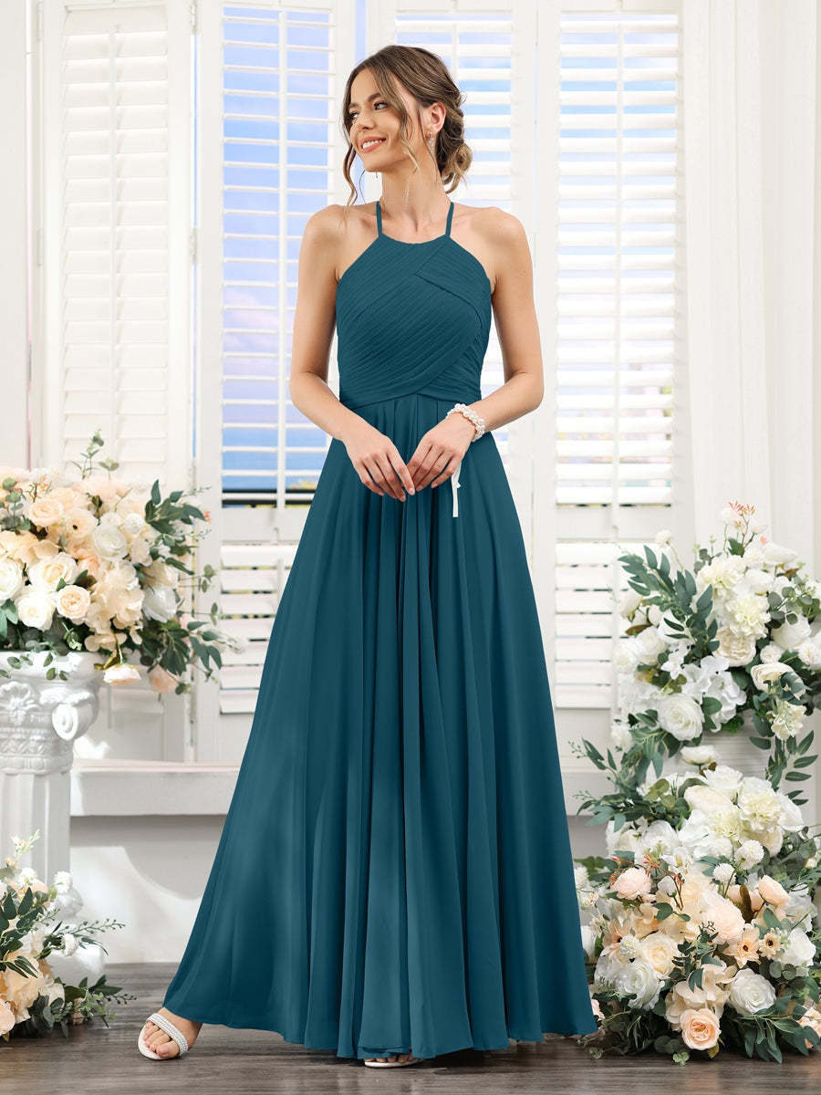Princess A-Line Halter Floor-Length Chiffon Bridesmaid Dresses with Ruched Sleeveless Design