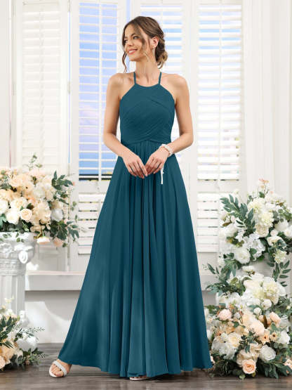 Princess A-Line Halter Floor-Length Chiffon Bridesmaid Dresses with Ruched Sleeveless Design