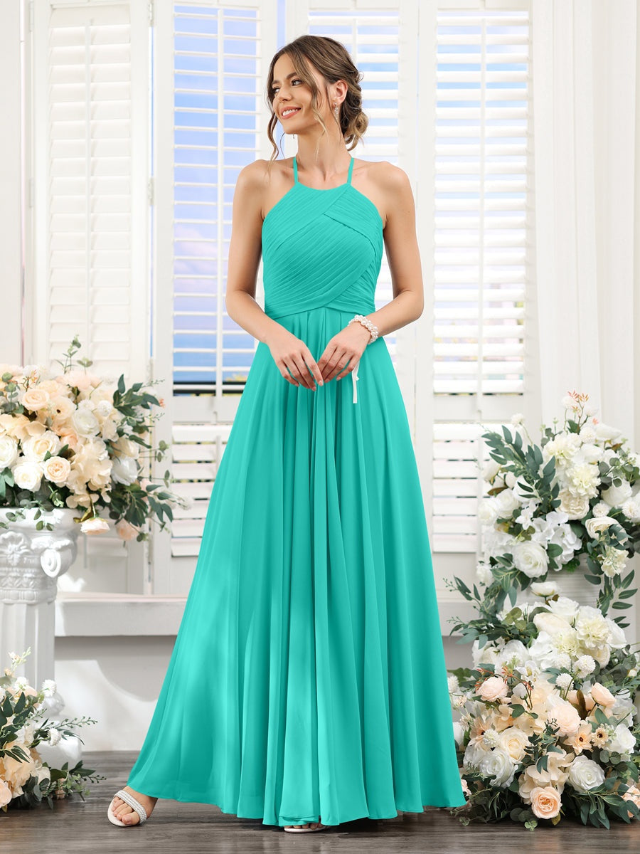 Princess A-Line Halter Floor-Length Chiffon Bridesmaid Dresses with Ruched Sleeveless Design