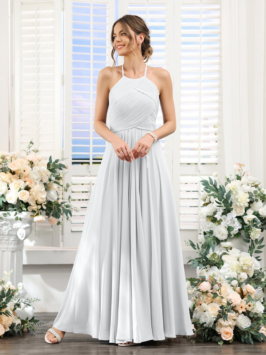 Princess A-Line Halter Floor-Length Chiffon Bridesmaid Dresses with Ruched Sleeveless Design