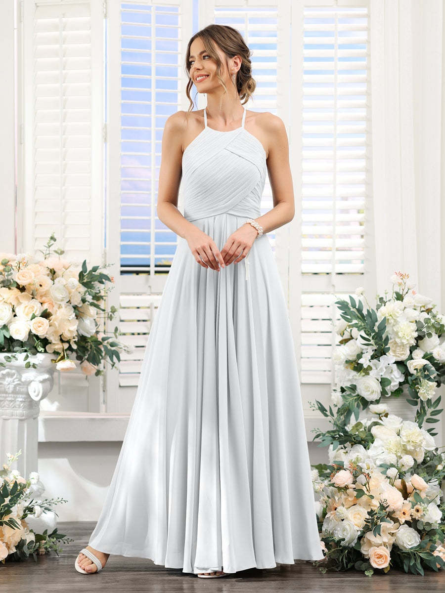Princess A-Line Halter Floor-Length Chiffon Bridesmaid Dresses with Ruched Sleeveless Design
