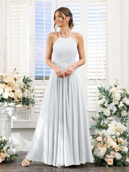 Princess A-Line Halter Floor-Length Chiffon Bridesmaid Dresses with Ruched Sleeveless Design