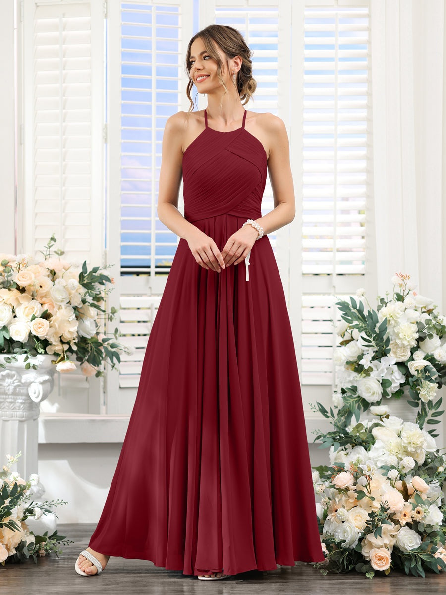 Princess A-Line Halter Floor-Length Chiffon Bridesmaid Dresses with Ruched Sleeveless Design