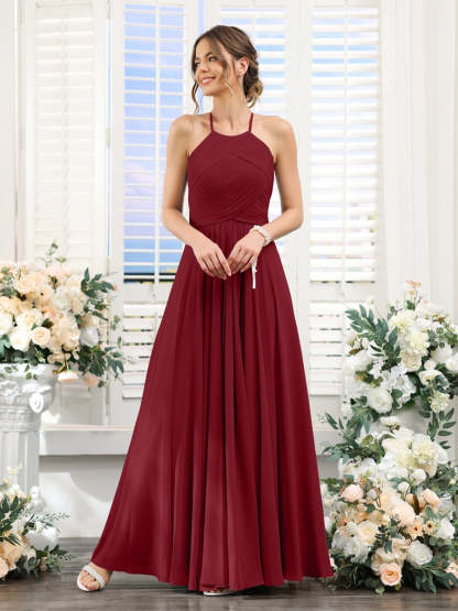 Princess A-Line Halter Floor-Length Chiffon Bridesmaid Dresses with Ruched Sleeveless Design
