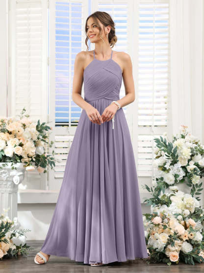 Princess A-Line Halter Floor-Length Chiffon Bridesmaid Dresses with Ruched Sleeveless Design