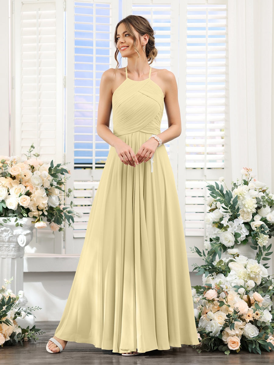 Princess A-Line Halter Floor-Length Chiffon Bridesmaid Dresses with Ruched Sleeveless Design