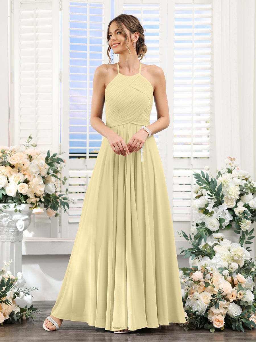 Princess A-Line Halter Floor-Length Chiffon Bridesmaid Dresses with Ruched Sleeveless Design