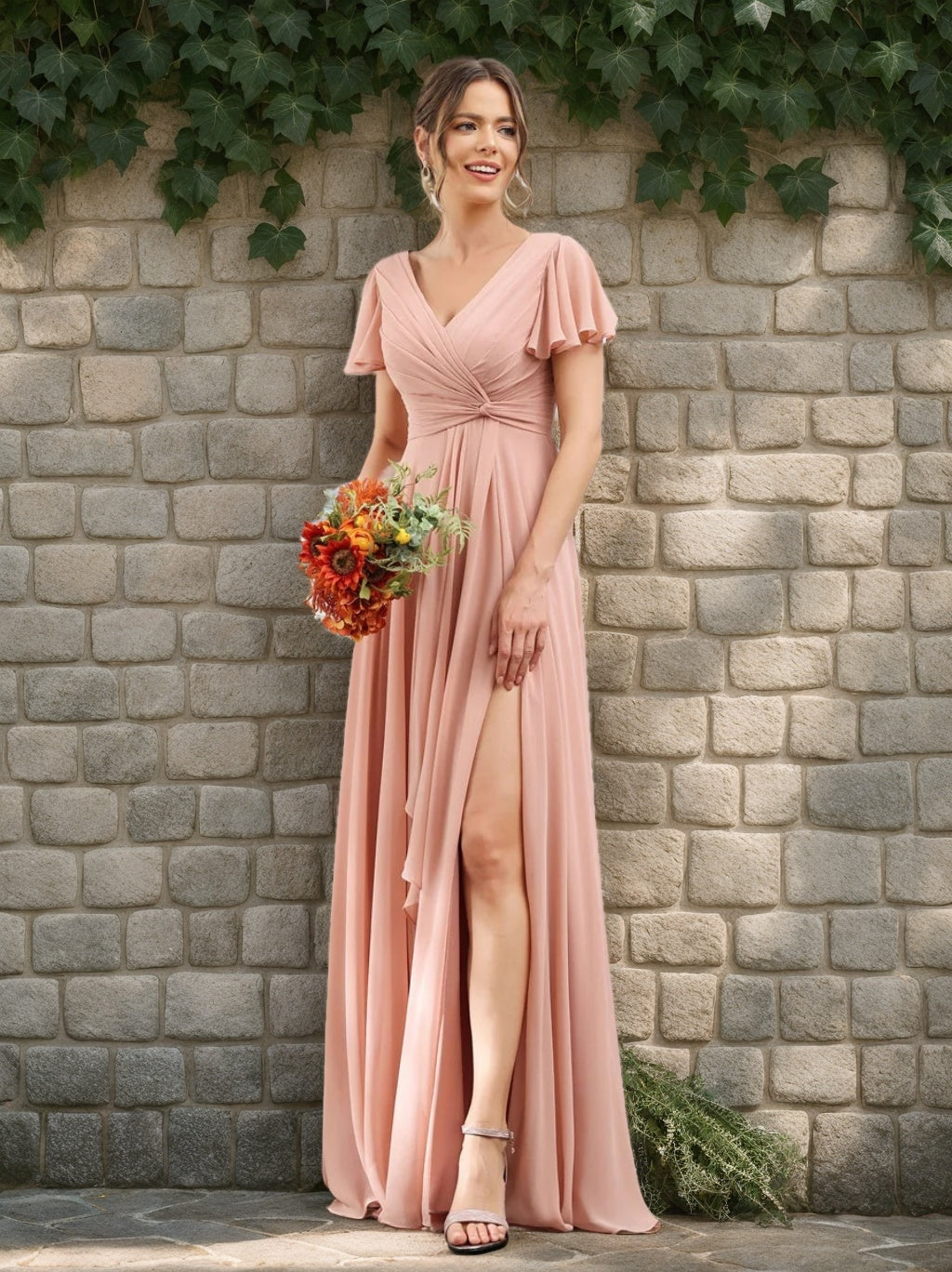 V-Neck A-Line Floor-Length Bridesmaid Dress with Side Split and Short Sleeves