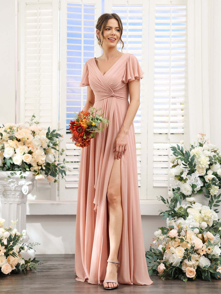 V-Neck A-Line Floor-Length Bridesmaid Dress with Side Split and Short Sleeves