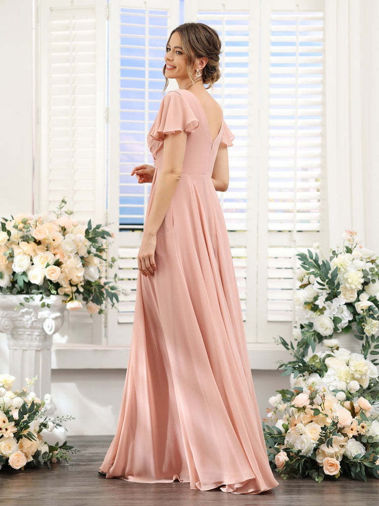 V-Neck A-Line Floor-Length Bridesmaid Dress with Side Split and Short Sleeves
