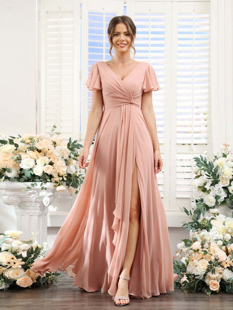 V-Neck A-Line Floor-Length Bridesmaid Dress with Side Split and Short Sleeves