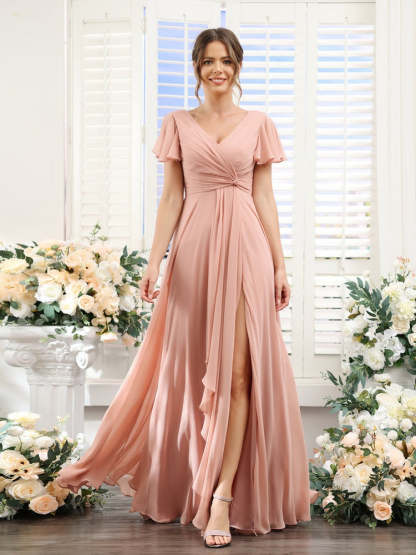 V-Neck A-Line Floor-Length Bridesmaid Dress with Side Split and Short Sleeves